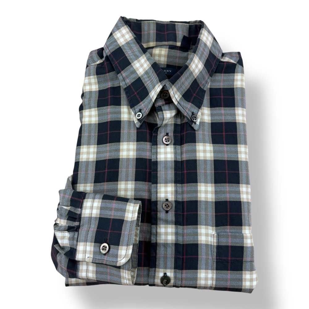 Burberry London Navy Brown Red Blue Check Cotton Button Down Shirt Men's Medium